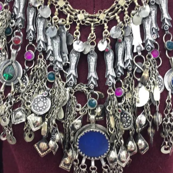 Afghan Vintage Silver Kuchi Fish Oversized Choker Necklace, Kuchi Jewelry, - Picture 3 of 7